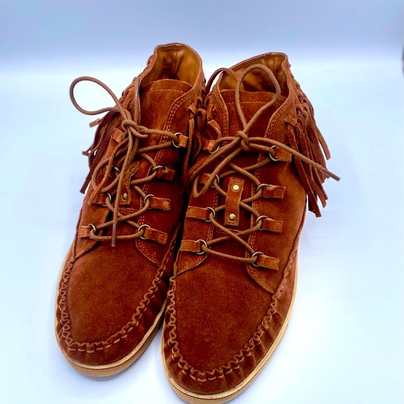 Zodiac Vera Leather Saddle Brown Fringe Boho Suede Moccasin Boots NWOT Size 8.5 - Picture 2 of 16